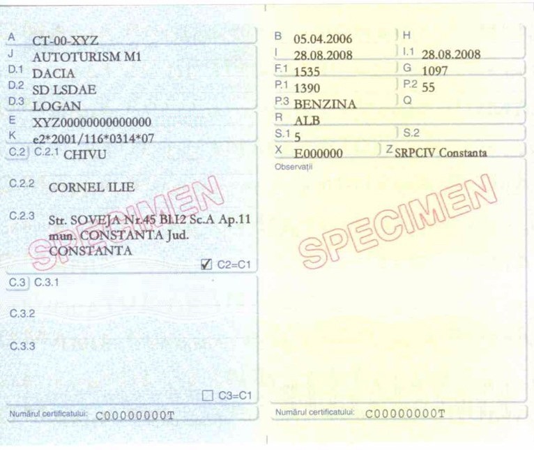 Exemplu talon auto fotografiat complet — se văd capacitatea motorului (P.1) și puterea (P.2)