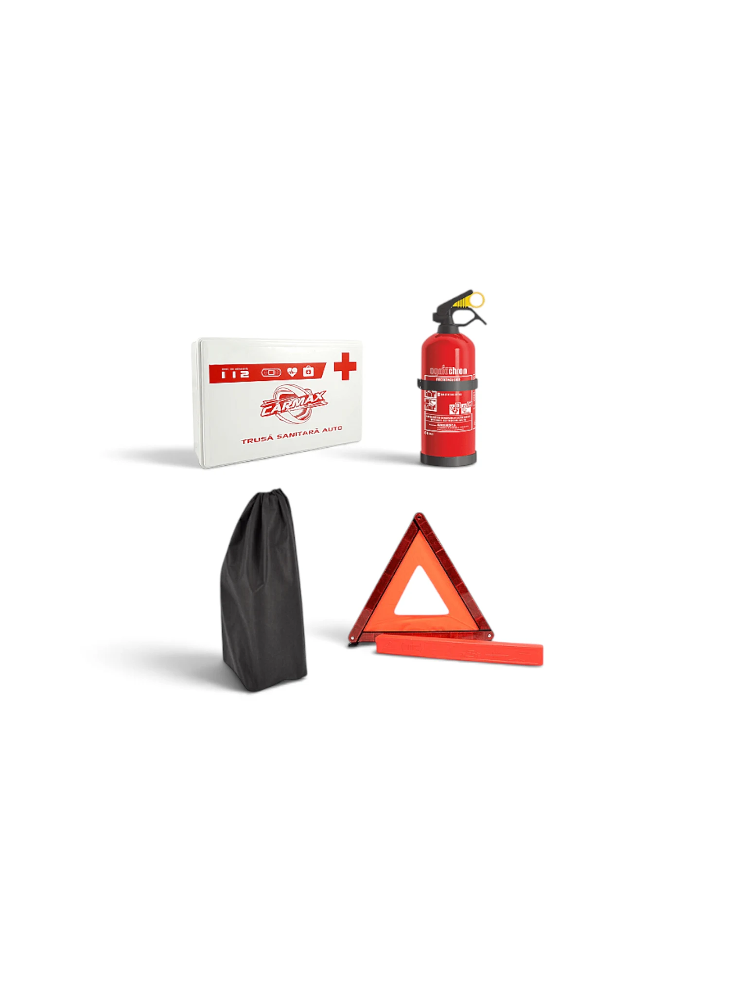 Kit siguranță auto 3 piese (1 triunghi, 1 stingător, 1 trusa sanitară auto)