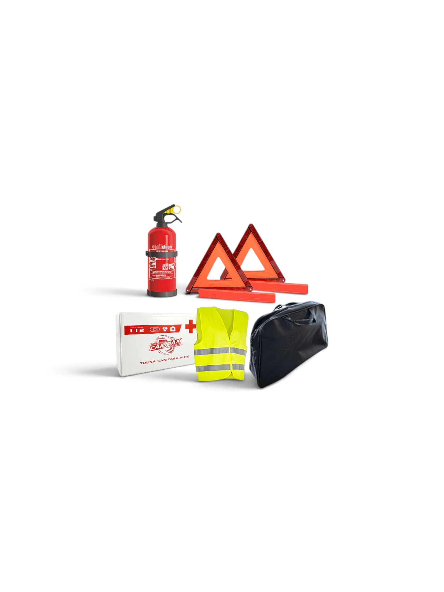 KIT SIGURANTA AUTO - 5 BUC (VESTA, TRUSA, STINGATOR-P1, TRIUNGHI 2 BUC) - geanta