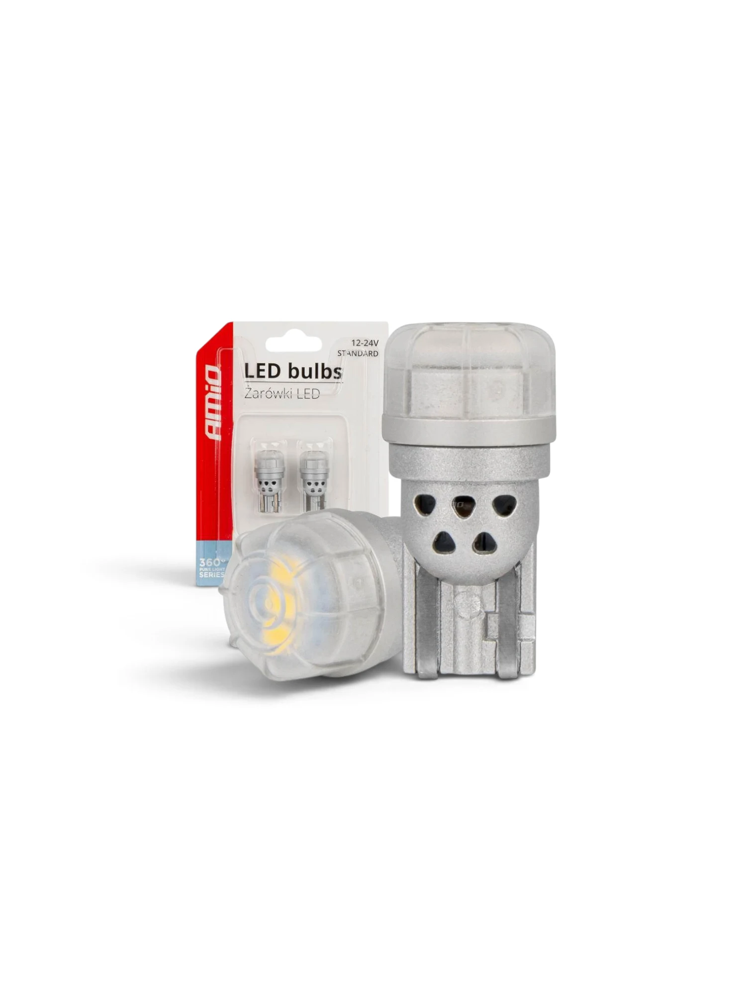 Set 2 becuri aluminiu T10, 3 LED-uri SMD3020, 12-24V, W5W, alb, 360° Pure Light Series, 03725 Amio