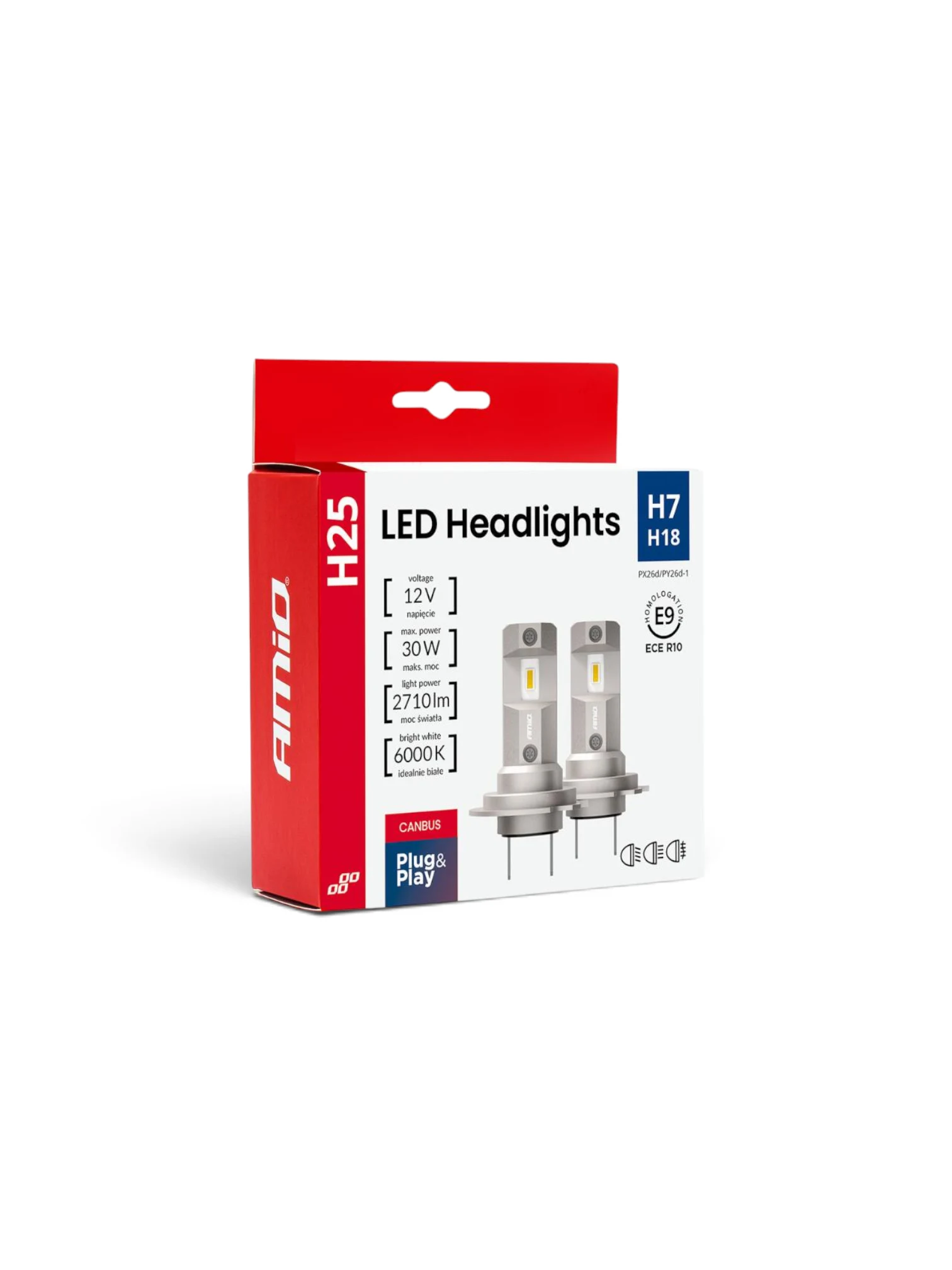 Set 2 becuri, H7 / H18, 2 Led-uri, 12V, 30W, 2710lm, 6000k, AMIO 04712