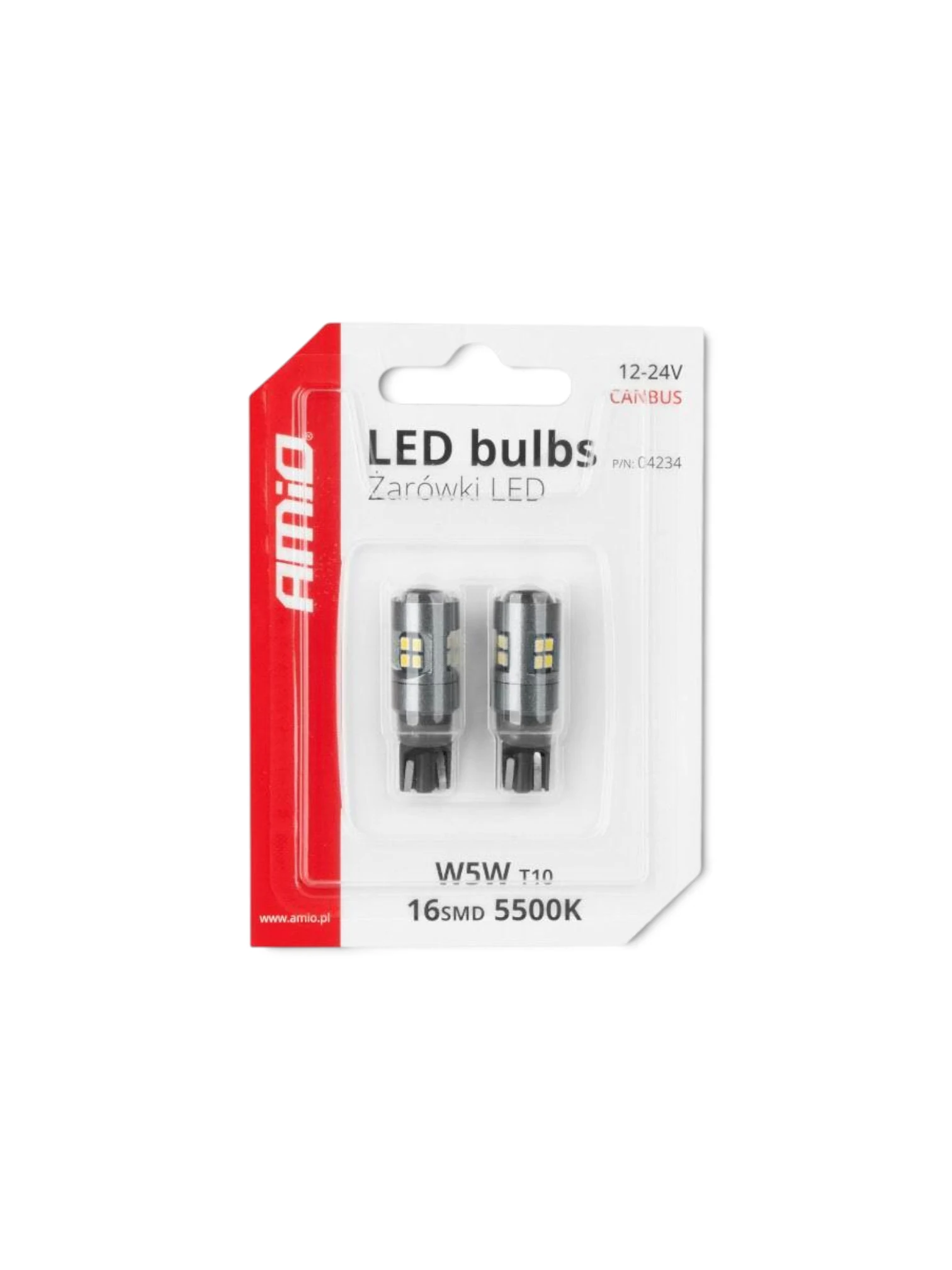 Set 2 becuri T10, 16 LED-uri, SMD 2016, 12-24V, W5W, 5500K, cu lupa, Canbus, 04234 Amio