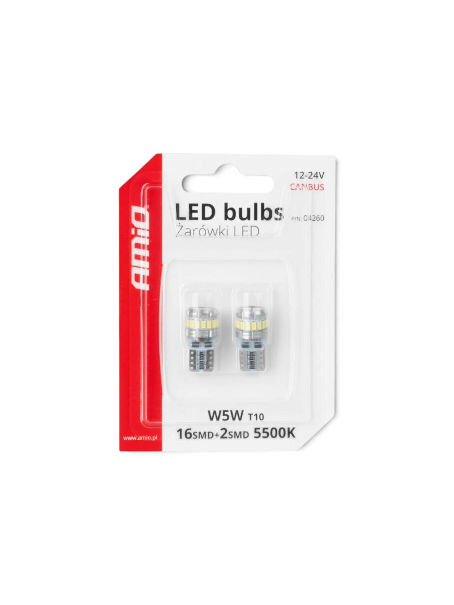 Set 2 becuri T10, 18 LED-uri, SMD 3014, 12-24V, W5W, 5500K, Canbus, alb, 04260 Amio
