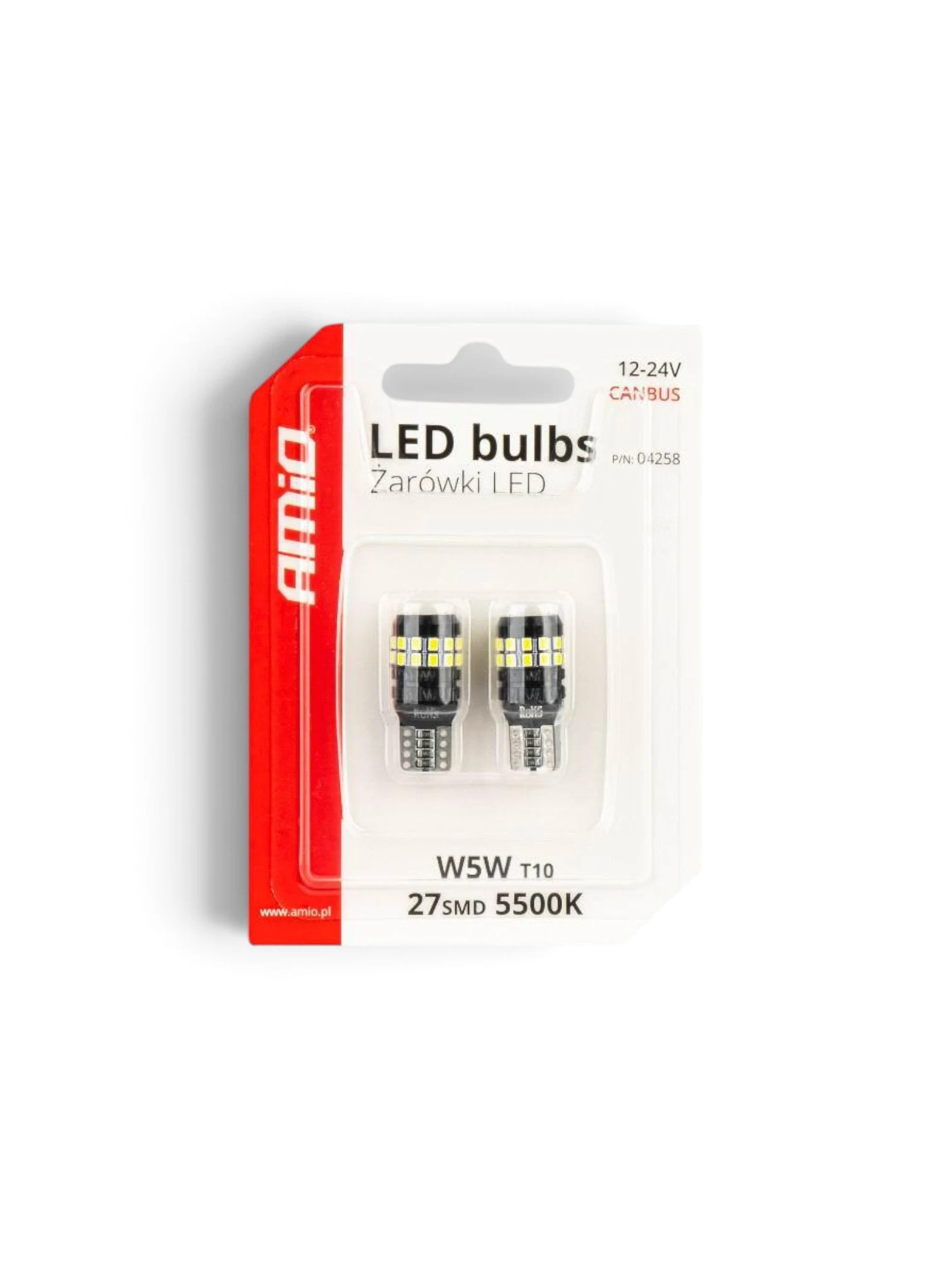Set 2 becuri T10, 27 LED-uri, SMD 3014, 12-24V, W5W, 5500K, cu lupa, Canbus, alb, 04258 Amio