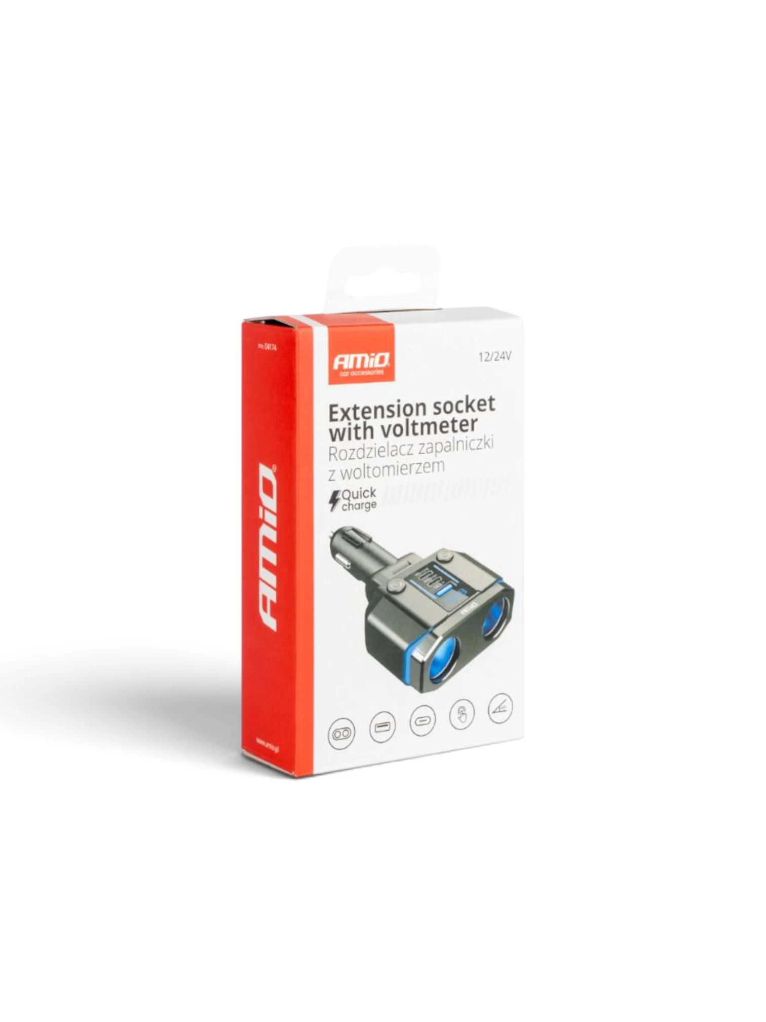 Stecher cu 2 prize, 1xUSB-A QC3.0, 1xUSB-C PD20W si 1xUSB-C PD30W, 12-24V, 200W, cu voltmetru LED, buton control On-Off, raba