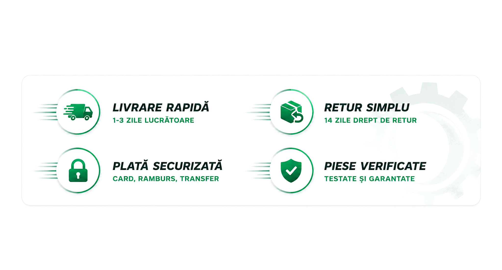 Livrare rapidă, Retur simplu, Plată securizată, Piese verificate
