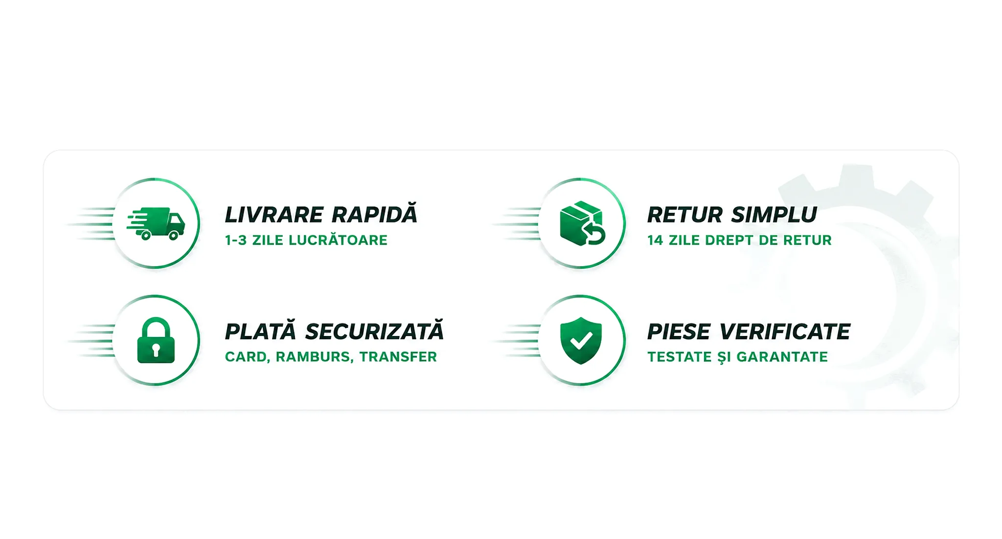 Livrare rapidă, Retur simplu, Plată securizată, Piese verificate